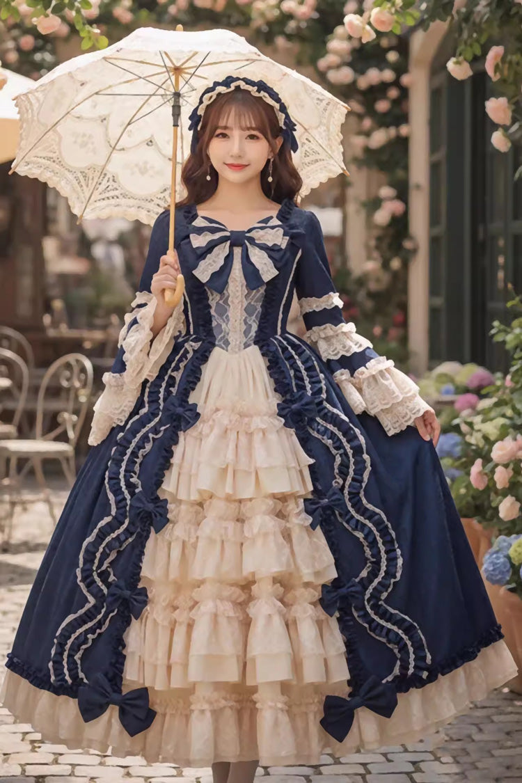 Sweet Long Sleeves Multi-Layered Ruffled Open-Front Bow Lace Princess Lolita Victorian Dress 5 Colors
