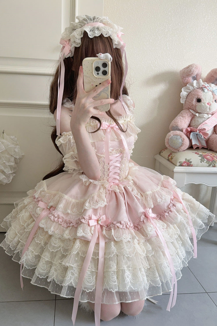 Pink [Ribbon Heart Love] Sleeveless Multi-Layered Ruffle Bowknot Lace Lace-Up Sweet Princess Ballet Lolita Jsk Dress