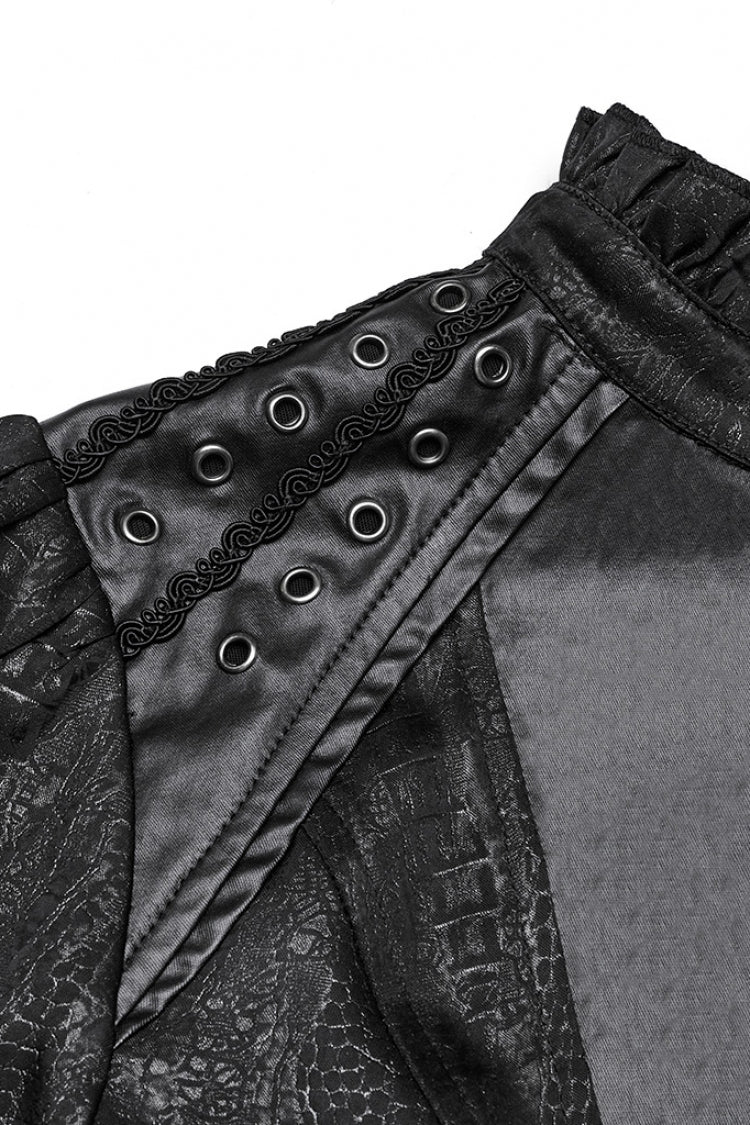 Black Stand Collar Long Puff Sleeves Faux Leather Stitching Women's Gothic Blouse
