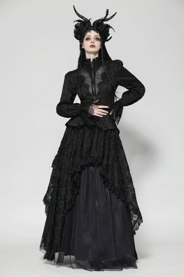 Schwarzer Stehkragen, lange Trompetenärmel, Spitze, transparenter Schnür-Damen-Gothic-High-Low-Frack