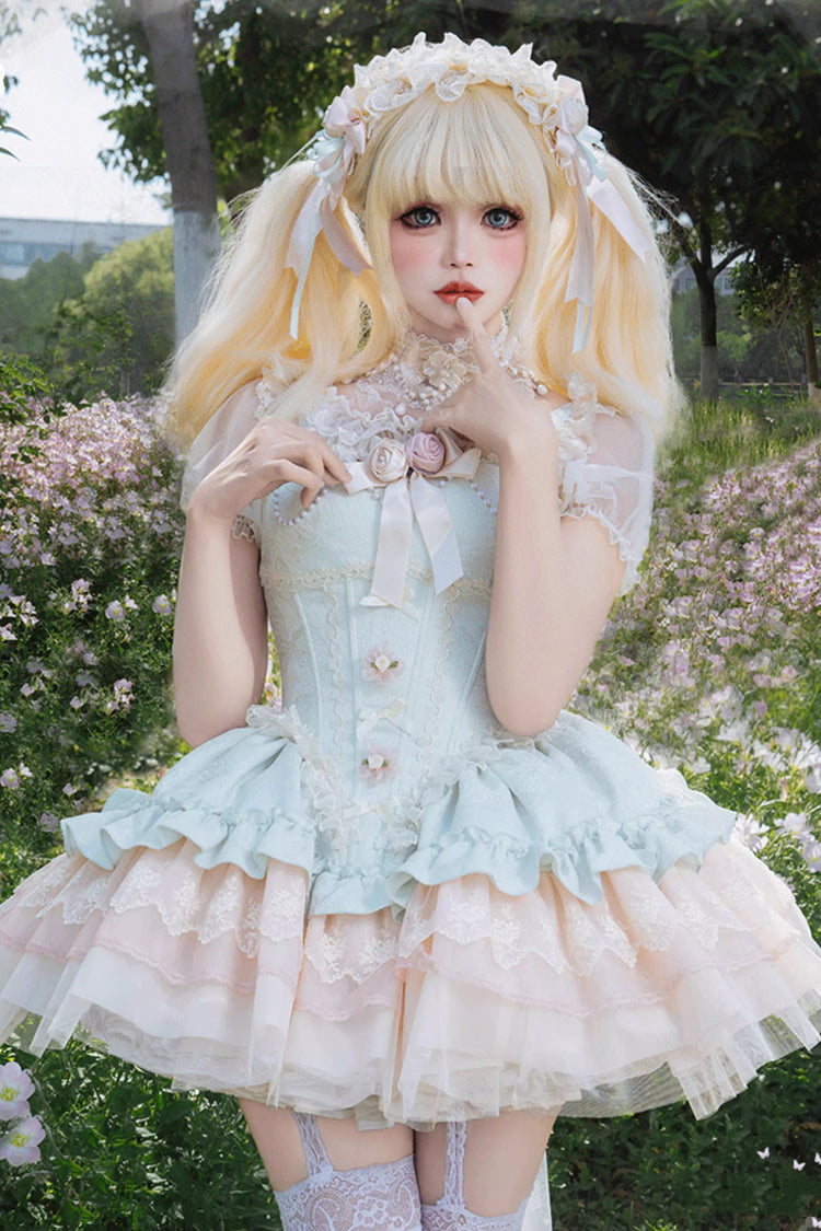 Green [Fleeting Light and Shallow Dream] Sleeveless Multi-Layered Ruffle Bowknot Lace Slim Sweet Ballet Lolita Jsk Dress