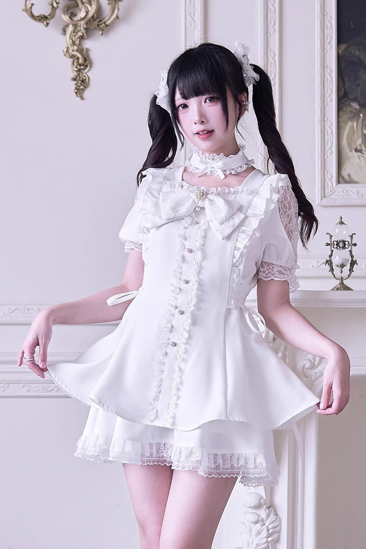 White [Waltz] Short Sleeves Ruffle Bowknot Gothic Jirai Kei Japanese Dress Set
