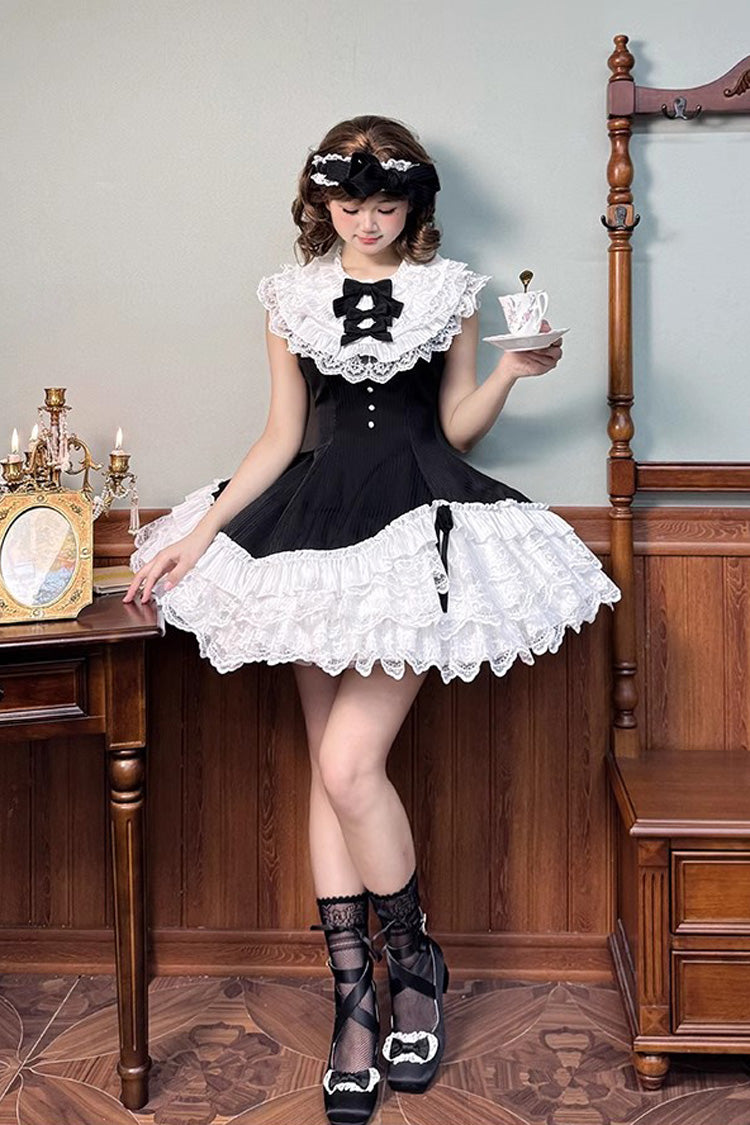 Black/White [Miss Tsundere] Sleeveless Multi-Layered Ruffle Bowknot Lace Asymmetric Sweet Princess Lolita Dress