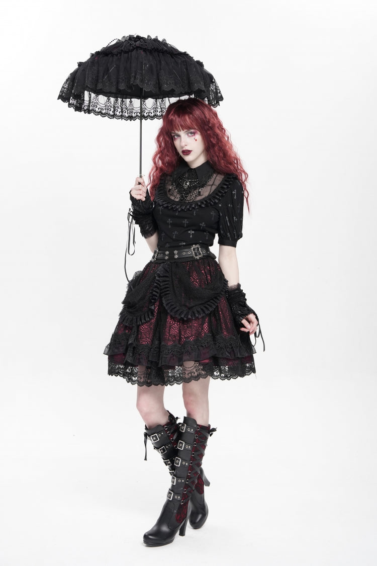 Black/Red Multi-Layered Ruffle Buckle Straps Women's Gothic Skirt