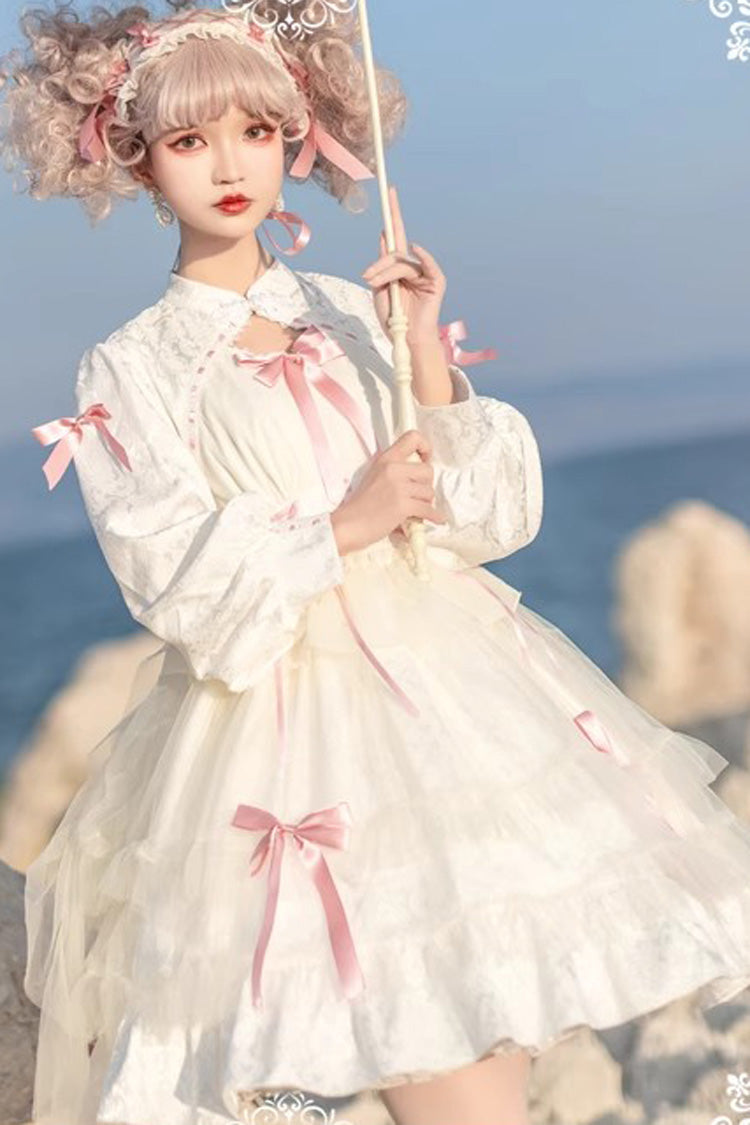 [Love Song] Long Sleeves Multi-Layered Jacquard Ruffle Bowknot Sweet Gothic Lolita Dress 3 Colors