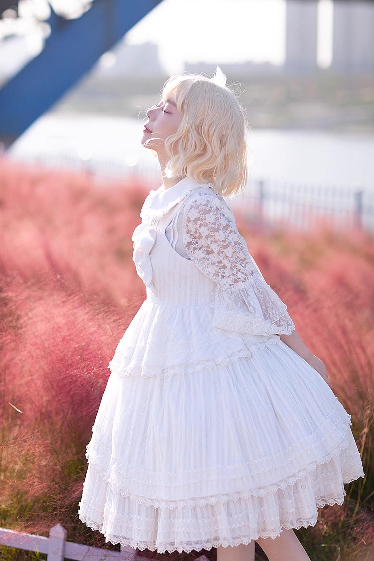 White Solid Color Tower of Dawn Bowknot Sleeveless Ruffle Sweet Lolita Dress