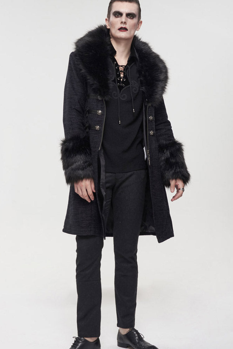 Black Gothic Vintage Button Decoration Removable Fur Collar Men's Coat