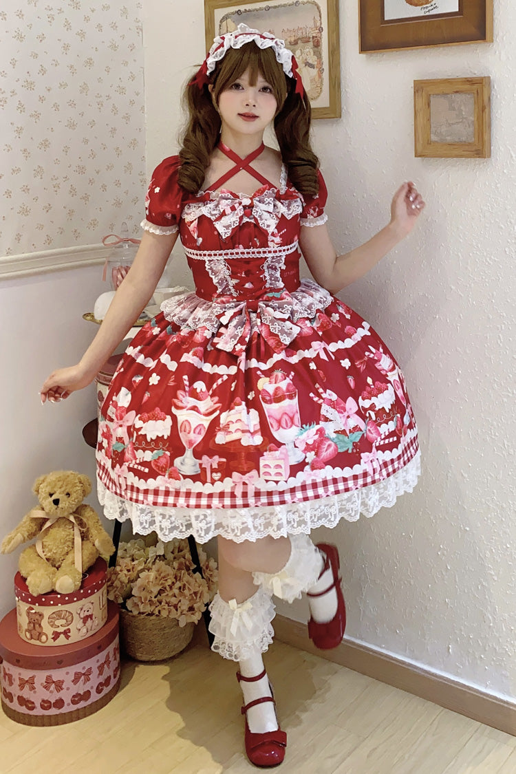 Red [Strawberry Parfait] Print Short Sleeves Ruffle Bowknot Lace Lace-Up Sweet Lolita Dress