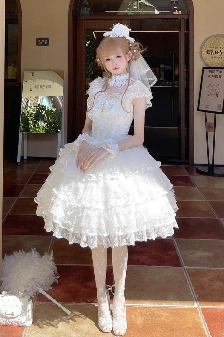 白い [羽のバラード] ノースリーブ マルチレイヤー フリル 花嫁 リボン 甘ロリ ジャンパースカート ドレス 