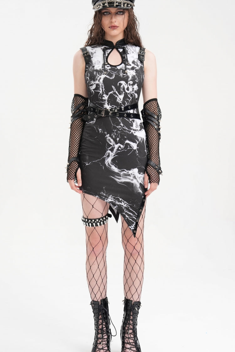 Schwarzes Gothic-Kleid mit hohlem Aufdruck und unregelmäßigem Saum für Damen