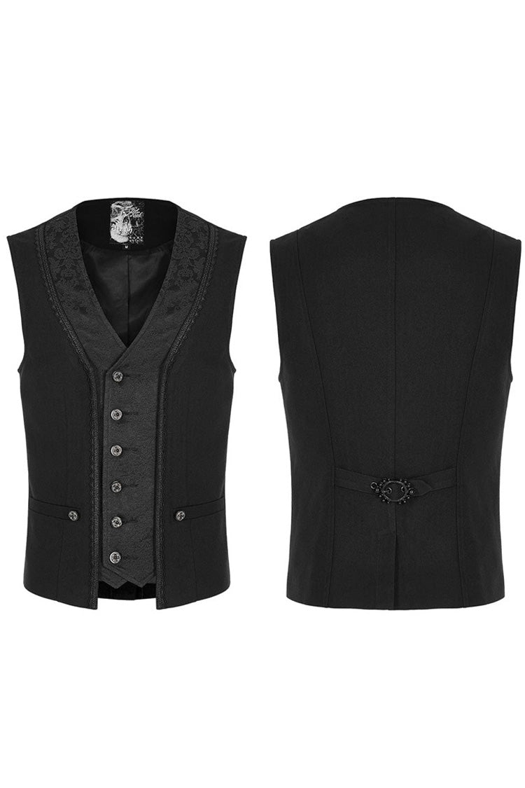 Black Punk Jacquard V-Neck Stitching Three Dimensional Engraving Hand Sewn Button Lace Short Men's Vest