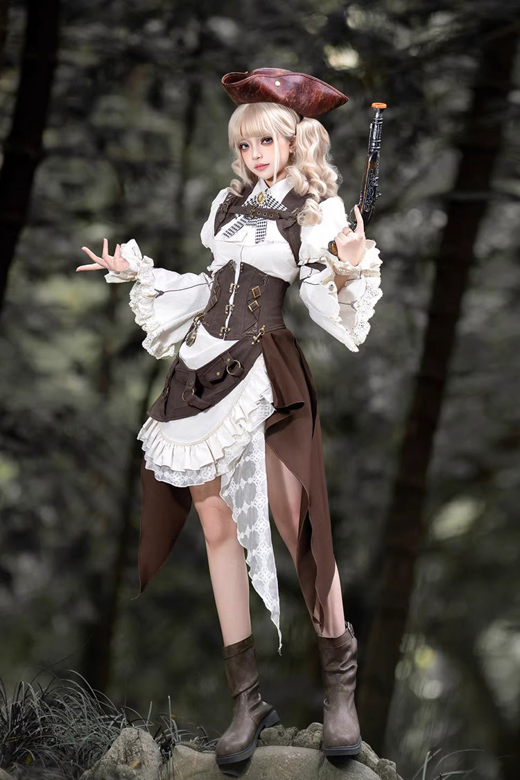 Ensemble jupe Lolita élégante, manches longues, à volants, gothique irrégulier, Vintage, blanc/marron, Style Pirate Time Capsule