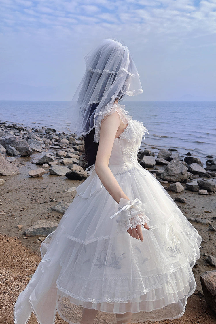 White [Love Is Coming] Multi-layer Ruffle Embroidery Bowknot Sweet Princess Lolita Jsk Dress