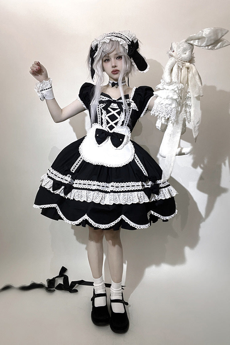 Black [Petal Bunny] Cotton Square Collar Short Sleeves Double-Layered Ruffled Bow Lace Lace-Up Sweet Lolita Dress