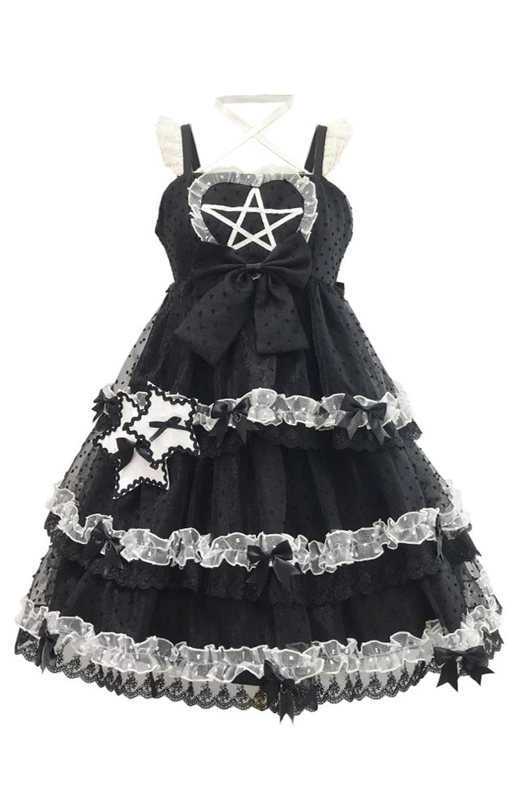 Black [Du Meisha's Star Wish] Sleeveless Triple-Layered Jacquard Ruffle Bowknot Sweet Gothic Lolita Jsk Dress