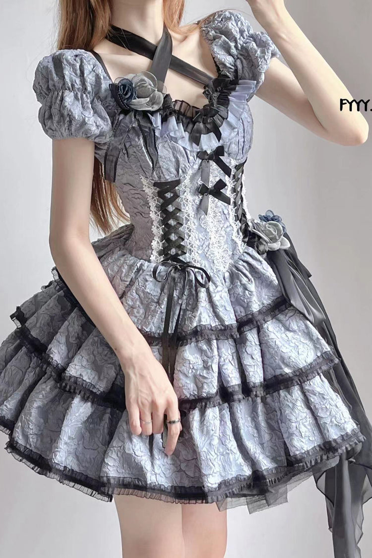Black/Blue Medea Kiss Short Sleeves Gothic Lolita Op Tiered Dress