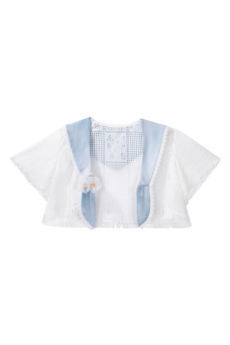 Blue [Clouds Resting in the Wilderness] Print Ruffle Embroidery Bowknot Lace Irregular Lolita Jsk Dress