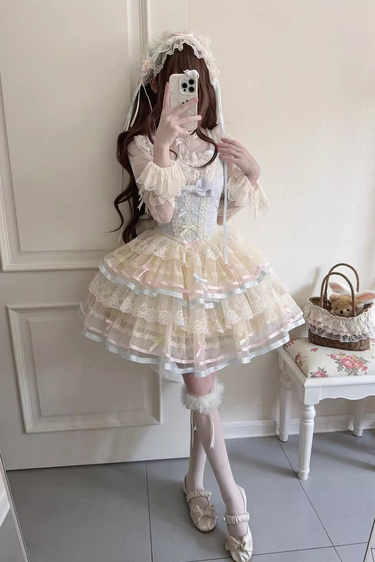 Blue [Butterfly Heart Ballet] Triple-Layered Ruffle Bowknot Lace Sweet Ballet Lolita Jsk Dress