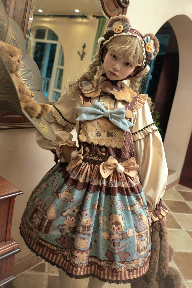 [Bear Cookies] Print Ruffle Bowknot Sweet Lolita Strap Dress 2 Colors