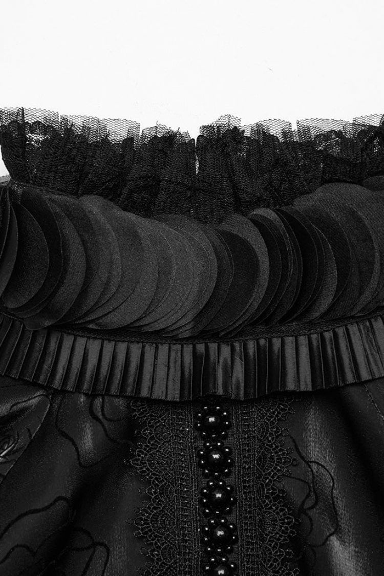 Schwarze Gothic-Bluse mit Stehkragen, langen Laternenärmeln, Rosendruck und Hakenknopf für Damen