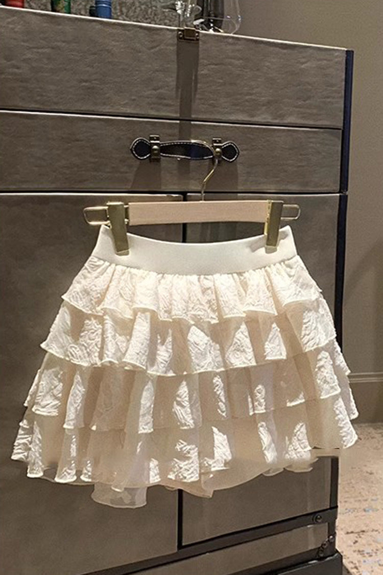 Apricot Multi-Layered Print Ruffle Embroidery Bowknot Sweet Vintage Lolita Skirt