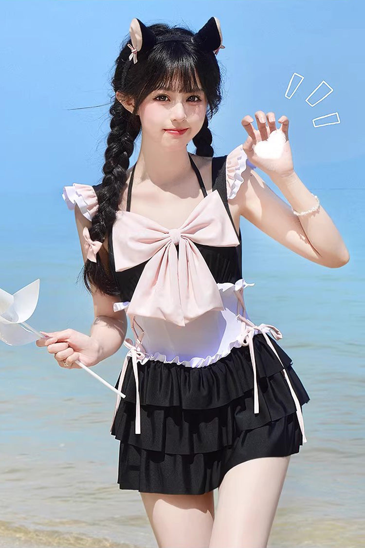 Maillot de bain d'été noir/rose à trois couches avec nœud à volants Sweet Lolita Bubble