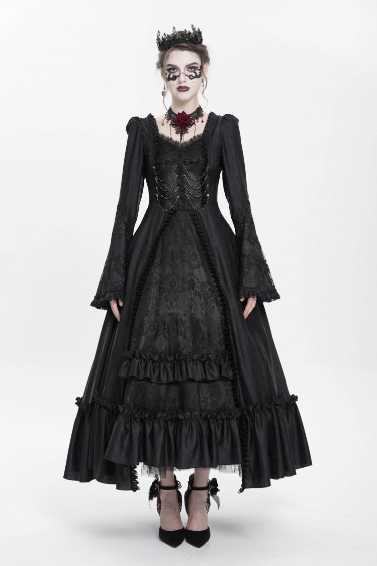 Black Long Sleeves Floral Embroidery Lace-Up Pleated Women's Gothic Dress