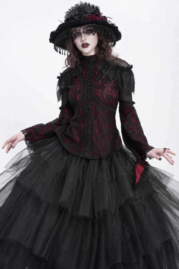Red Stand Collar Long Trumpet Sleeves Embroidery Stitching Lace Women's Gothic Blouse