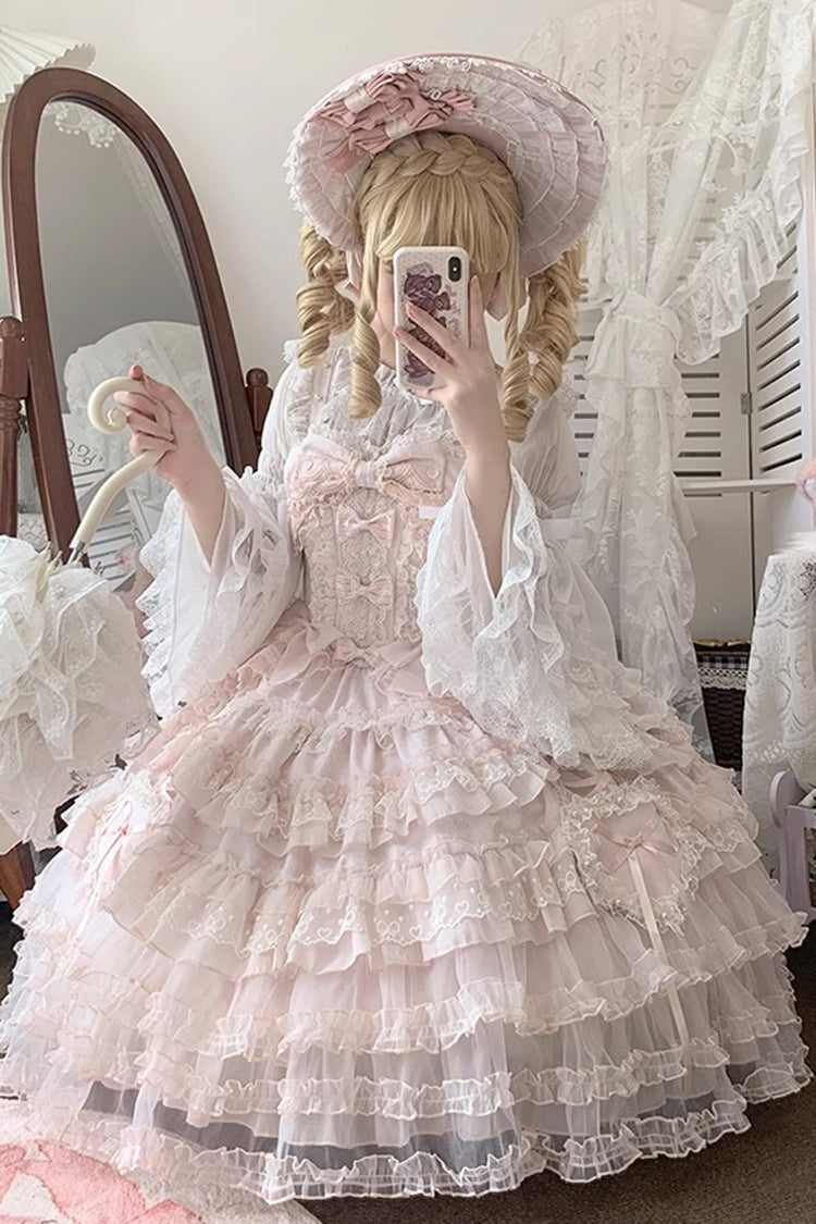 Pink [Sweetheart Diary] Multi-Layered Ruffle Hanayome Embroidery Bowknot Lace Sweet Lolita Jsk Dress
