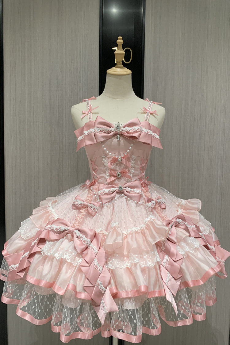 Pink [Love of Gemstones] Sleeveless Triple-Layered Ruffled Bow Lace Pearl-Decorated Sweet Lolita Jsk Dress