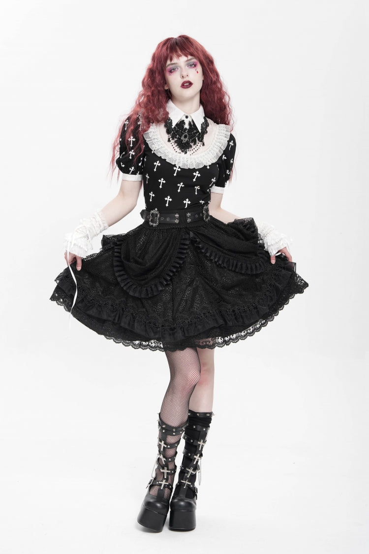 Black Multi-Layered Ruffle Buckle Straps Women's Gothic Skirt