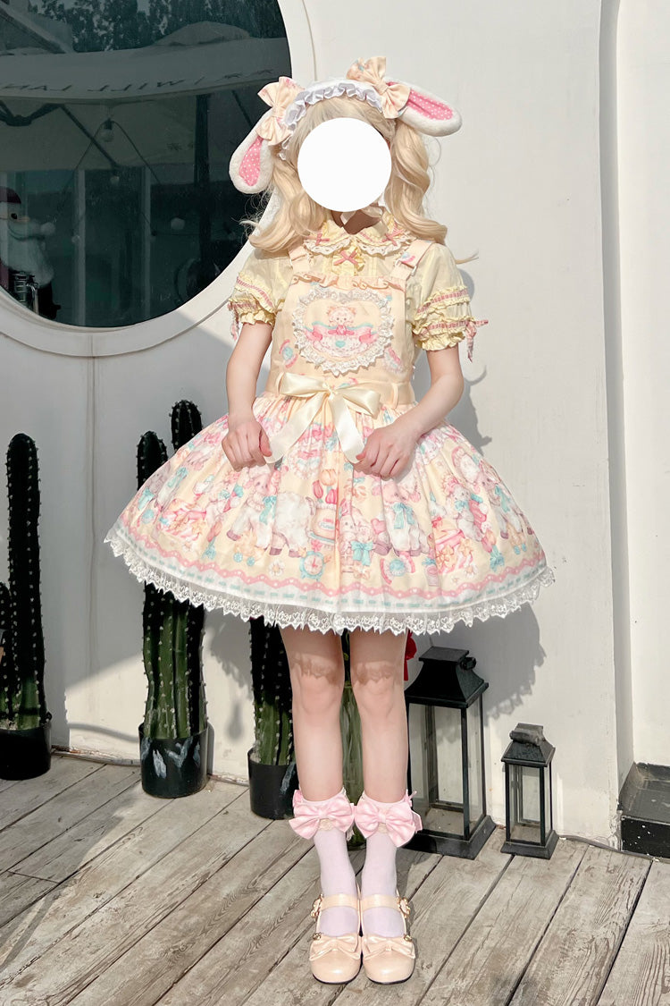 Süßes Lolita-Trägerkleid mit Schleife und Spitze im Schafspelz-Party-Print in Gelb