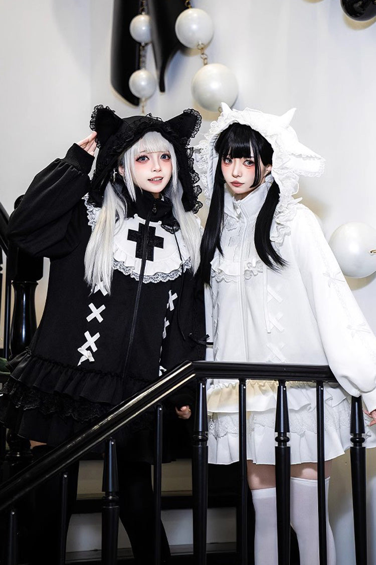 Black Long Sleeves Ruffle Zipper Sweet Handsome Lolita Sweatshirt Coat