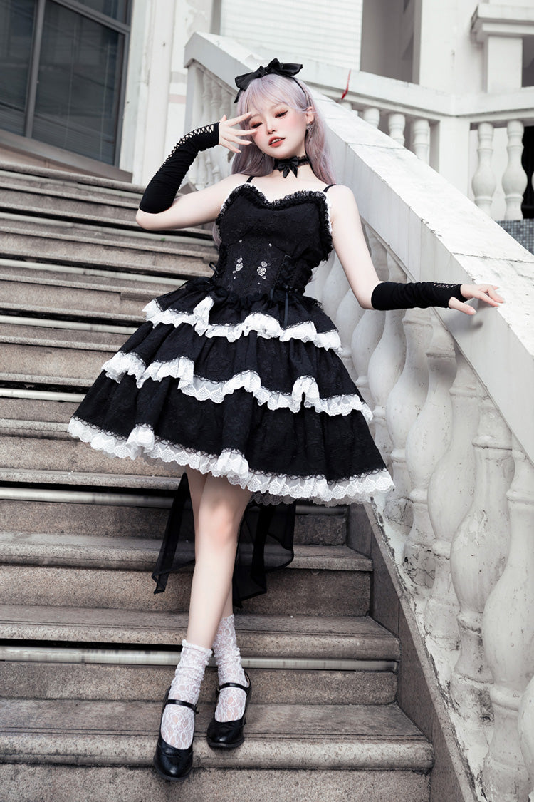 Black Triple-Layered Ruffle Embroidery Bowknot Gothic Lolita Jsk Dress