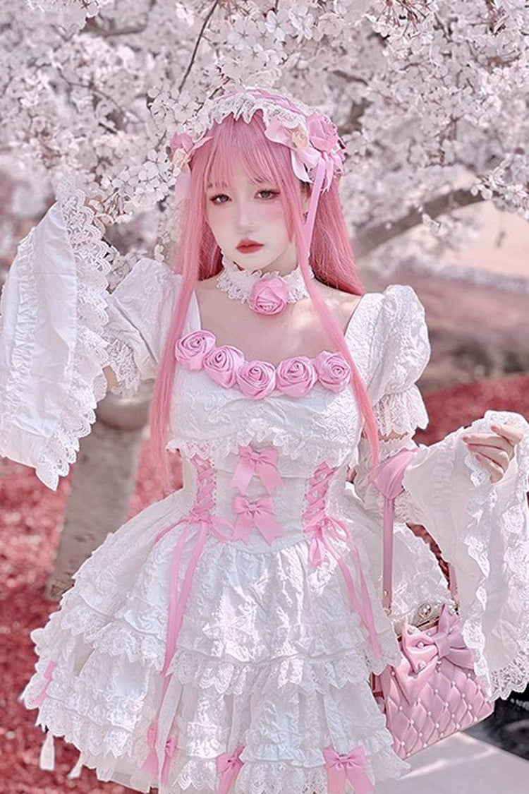 White/Pink Puff Short Sleeves Princess Gothic Lolita Tiered Dress