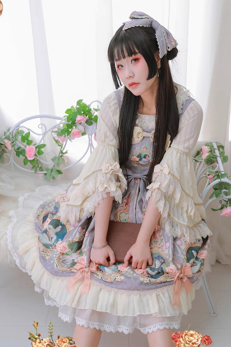 [Portrait of A Little Lady] Print Ruffle Bowknot Lace Classic Vintage Elegant Lolita Jsk Dress 3 Colors