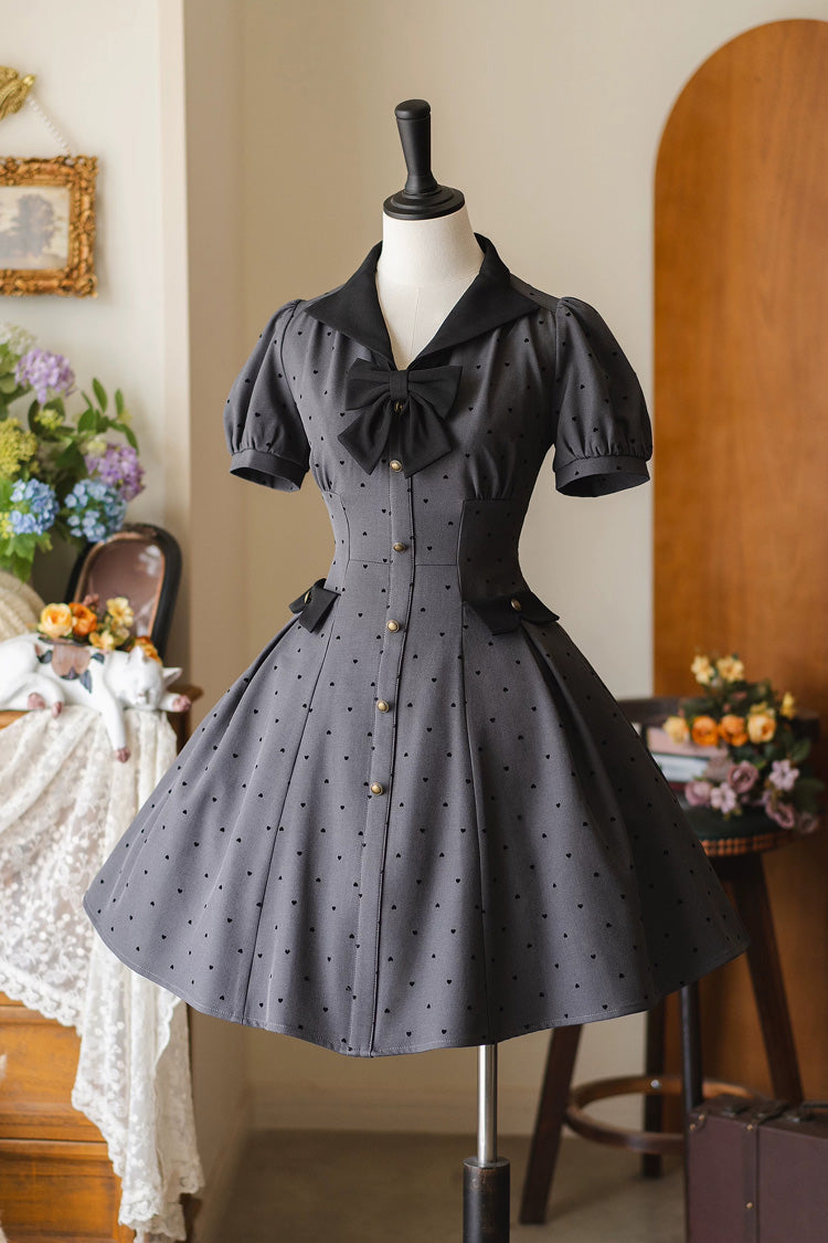 Gris [Forest Boulotty] Col à Revers Manches Courtes En Forme De Coeur À Pois Imprimé Noeud Robe Lolita Douce