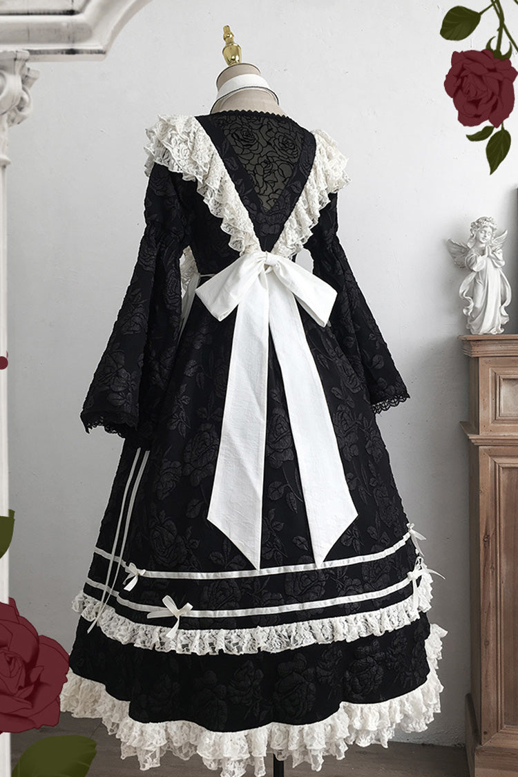 Black [Rose Choir] Double-Layered Ruffle Embroidery Bowknot Lace Gothic Elegant Nun Lolita Dress