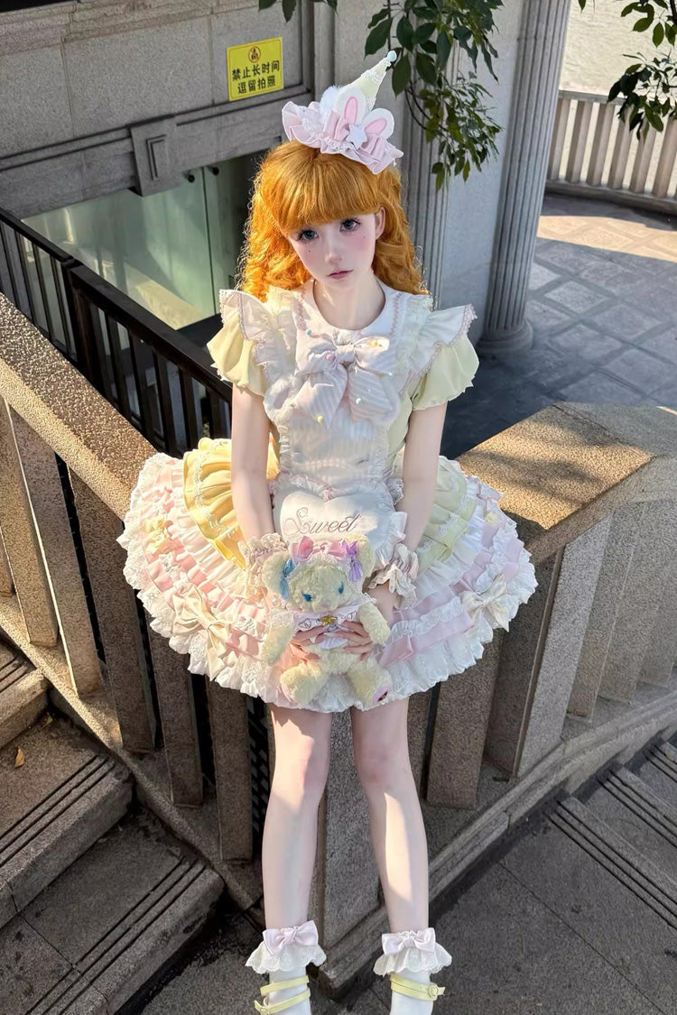 Yellow/Pink [Sweet Bunny Chef] Short Sleeves Multi-Layered Ruffle Bowknot Sweet Lolita Dress