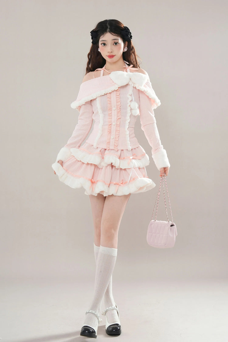 Pink Long Sleeves Ruffle Bowknot Lace Sweet Princess Lolita Tiered Top Skirt Set