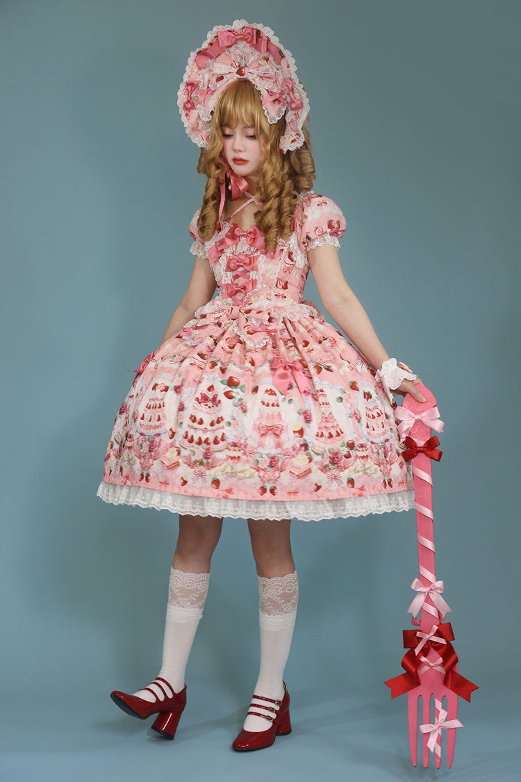 [Strawberry Cake Bouquet] Print Square Collar Short Sleeves Bowknot Lace Sweet Lolita Dress 3 Colors