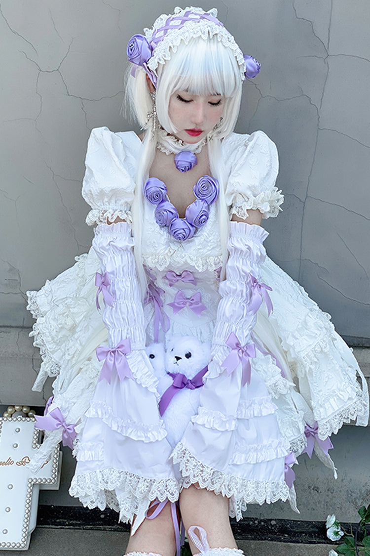 White/Purple Puff Short Sleeves Princess Gothic Lolita Tiered Dress