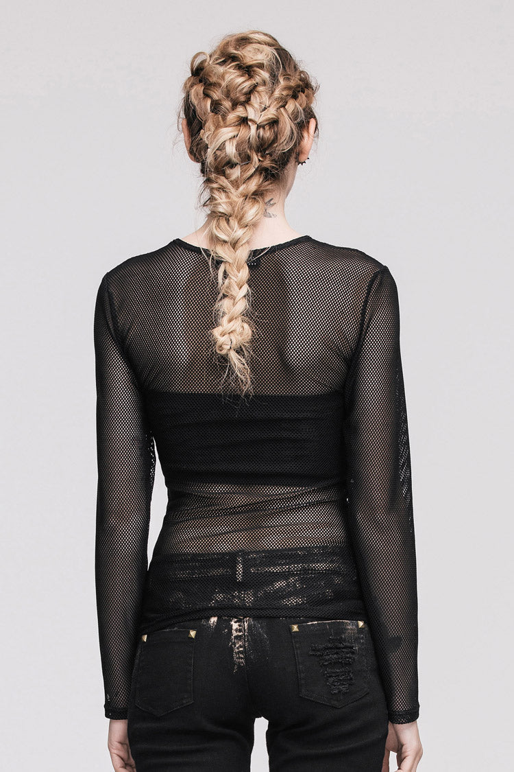 Black See-Through Sexy Hexagonal Mesh Long Sleeve Women's Punk T-Shirt