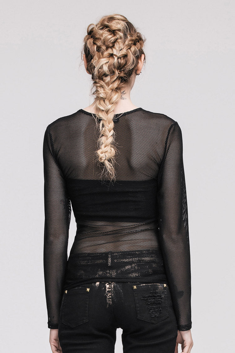 Schwarzes, durchsichtiges, sexy, langärmliges Punk-T-Shirt aus sechseckigem Netzstoff für Damen