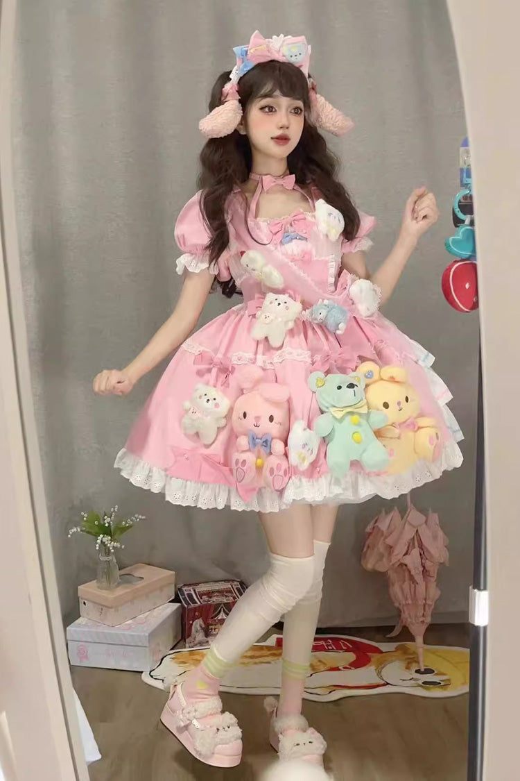Pink Square Collar Print Doll Party Detachable Sleeves Ruffle Bowknot Sweet Princess Lolita Dress