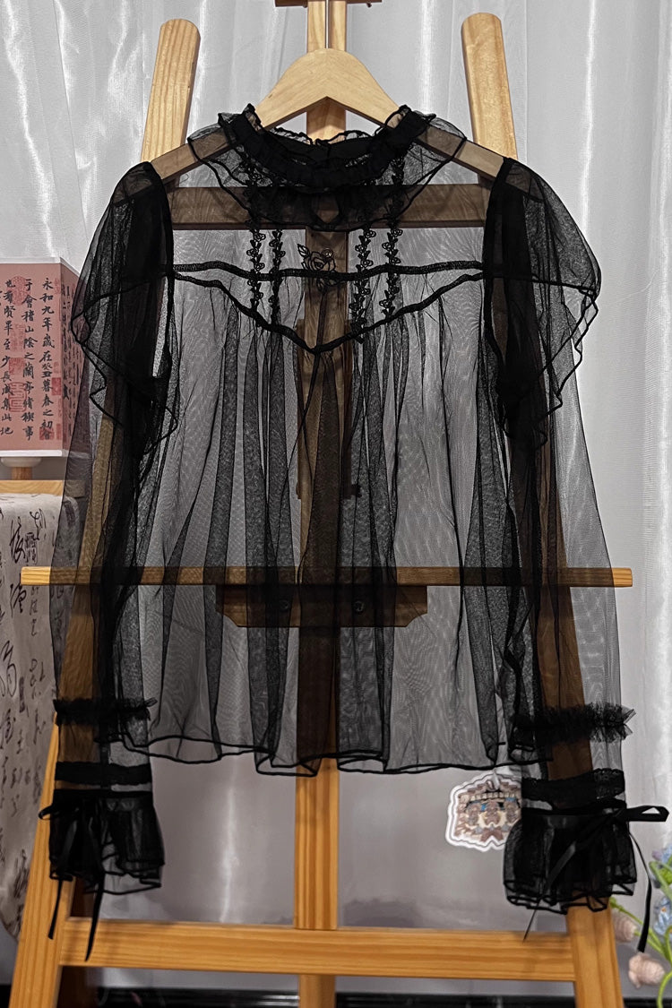Sweet Stand Collar Long Sleeves Ruffle Sheer Lolita Blouse 2 Colors