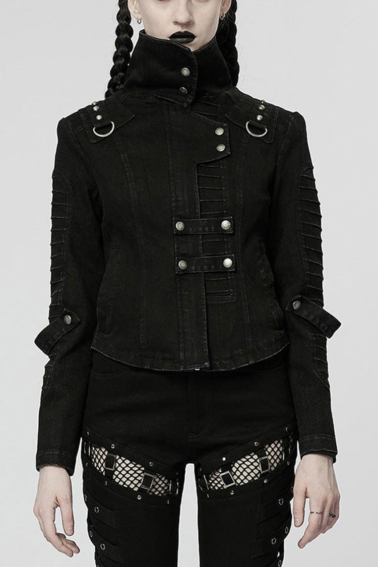 Black Denim Slant Pocket Washed Distressed Stretch Women's Punk Jacket