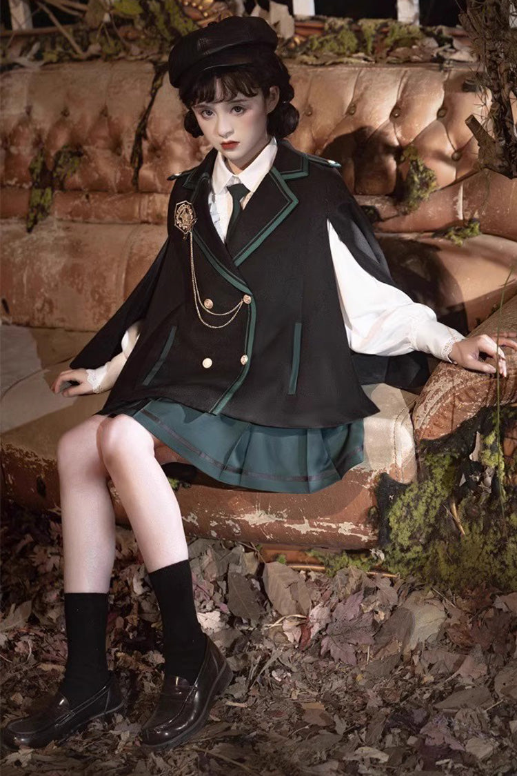 Black/Green Magic Academy Lapel Collar Gothic Vintage College Style Lolita Skirt Full Set