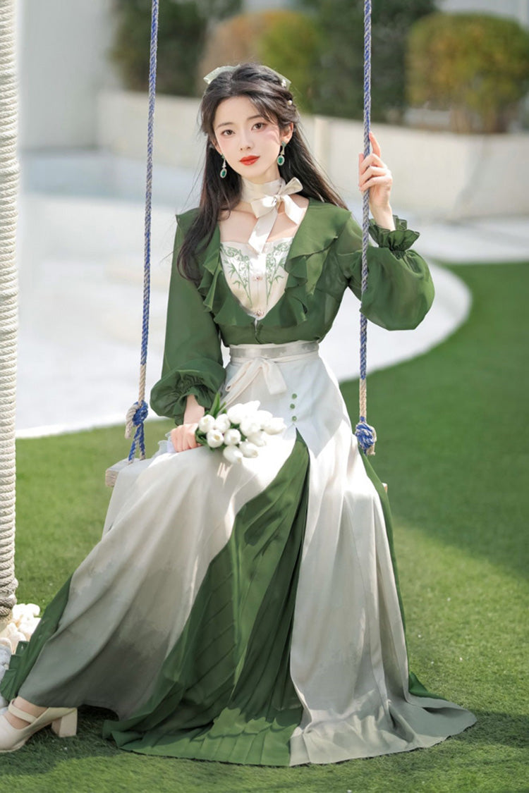 Green/White Dance igh Waisted Chinese Style Hanfu Dress Set