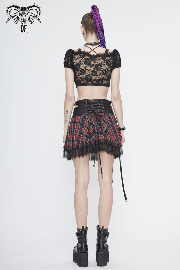 Black/Red Scottish Plaid Off Shoulder Bright Leather Straps Lace Up Lace Women's Punk T-Shirt